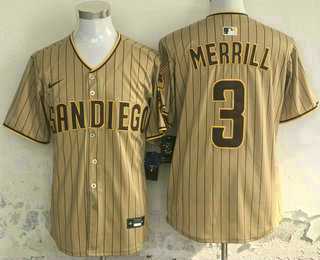 Men%27s San Diego Padres #3 Jackson Merrill Khaki Pinstripe Limited Stitched Jersey